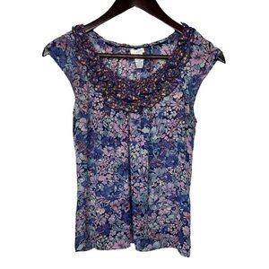 Anthropologie Odille Floral Cap Sleeve Scoop Neck Silk Blouse